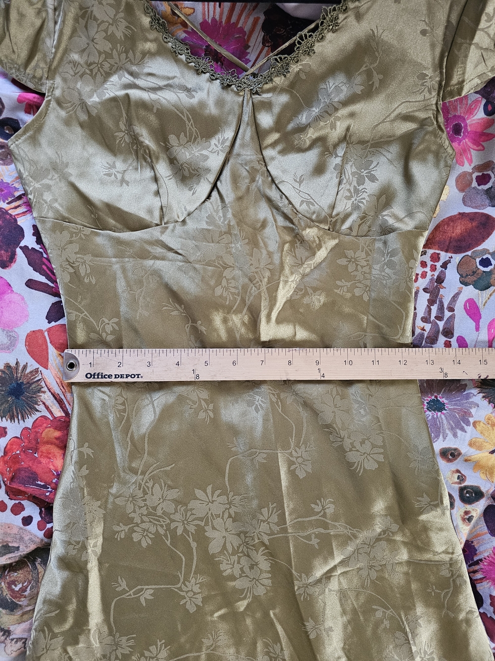 RIHOAS Olive Green Satin Maxi Dress with Lace Trim - Picture 7 of 9